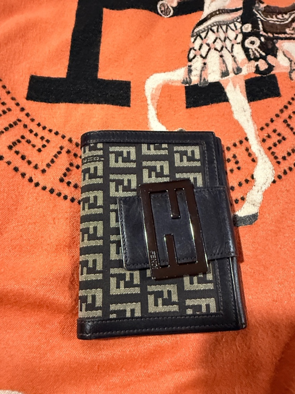 Fendi Brown and Beige FF Monogram Bifold Wallet with H-Clasp pre loved with code